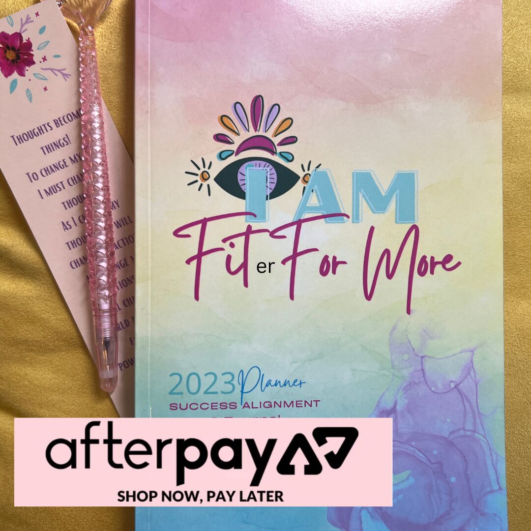 Fit For More Planner with a pen and afterpay banner to pay in 4